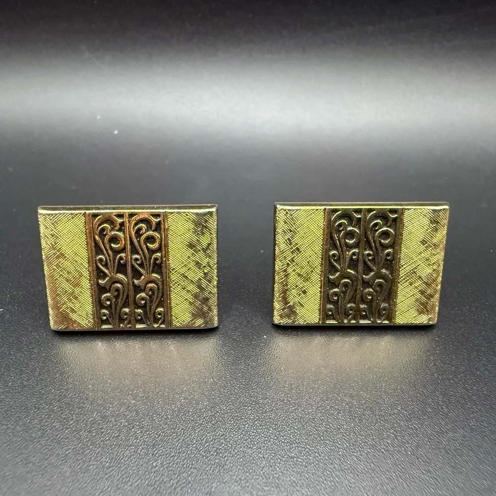 Vintage Mens Swank Square Cufflinks Gold Tone with Filigree Style Design